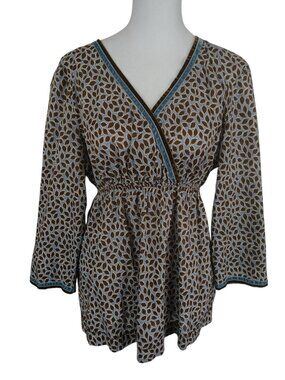 Boden blue/brown leaf print 3/4 sleeve cotton pullover top size 10